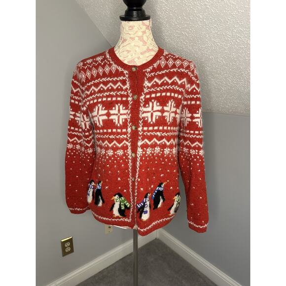 Coldwater Creek Red White Snowflake & Penguin Novelty Print Sweater Xmas Size M - Picture 1 of 7